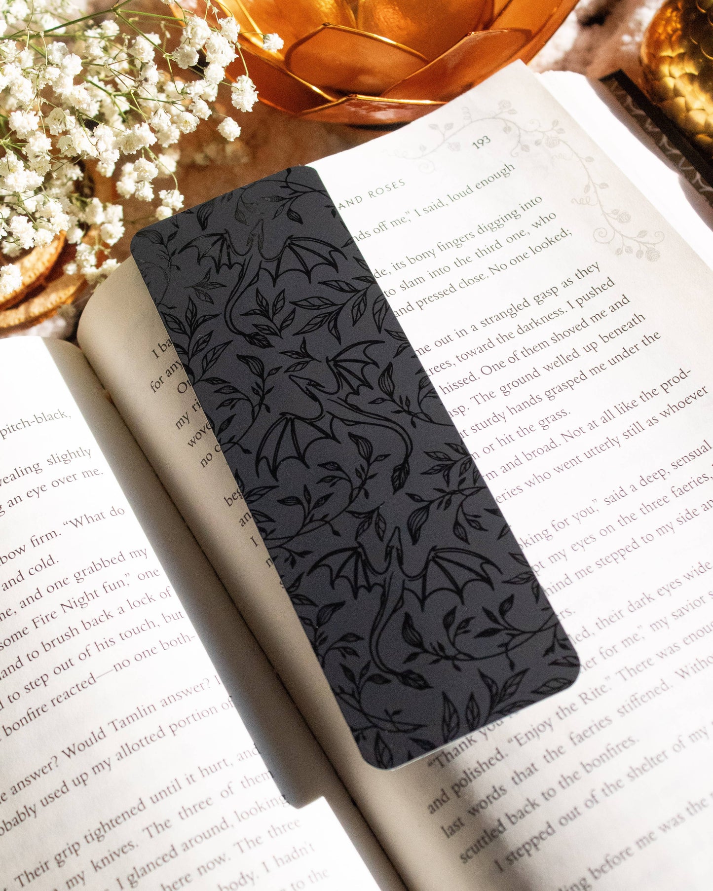 Black on Black Floral Dragons Foil Bookmark