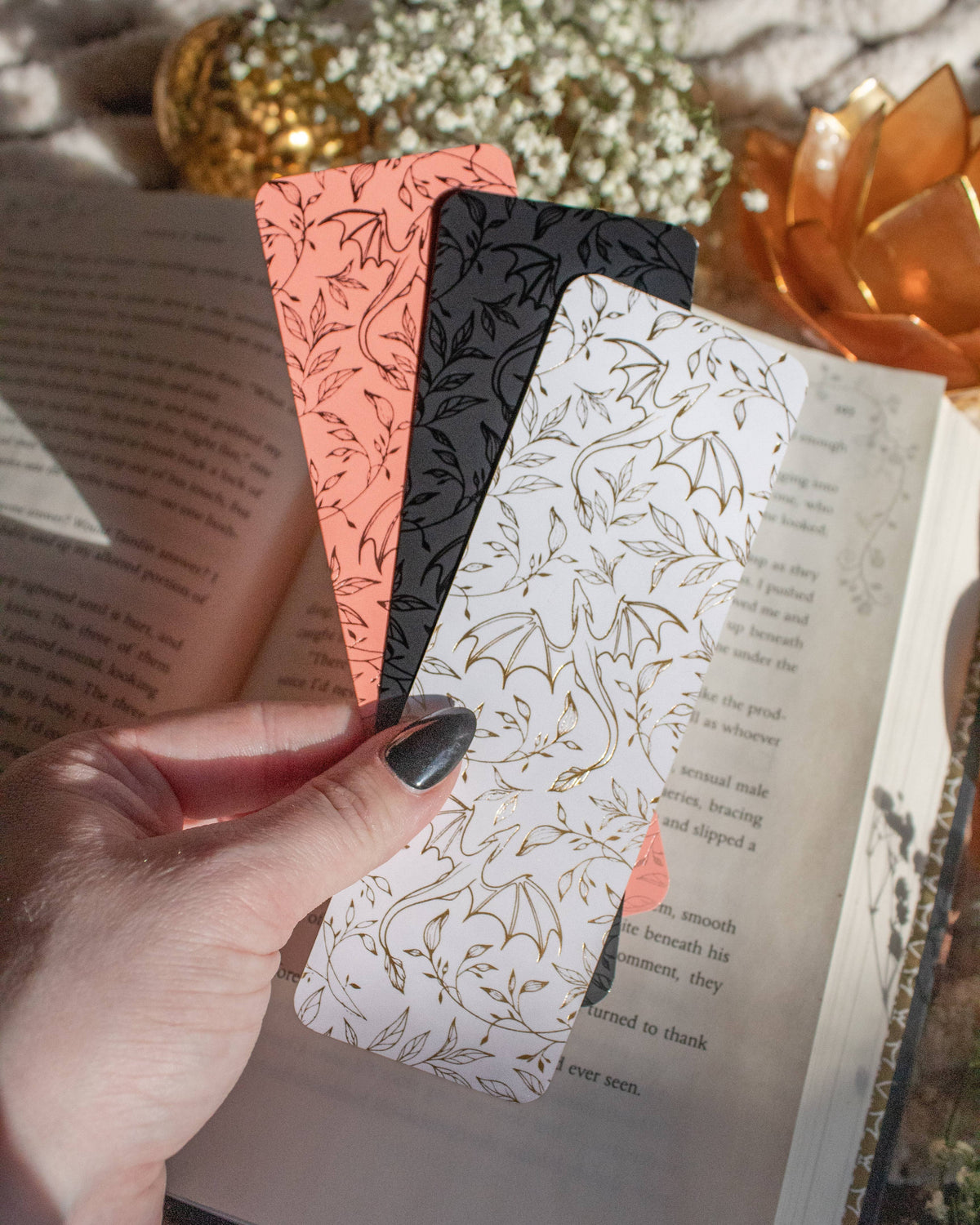 Black on Black Floral Dragons Foil Bookmark