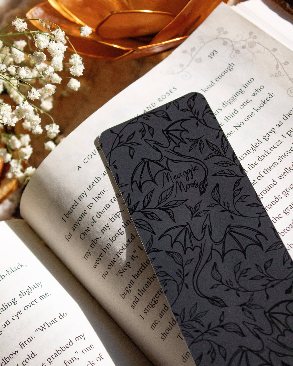 Black on Black Floral Dragons Foil Bookmark